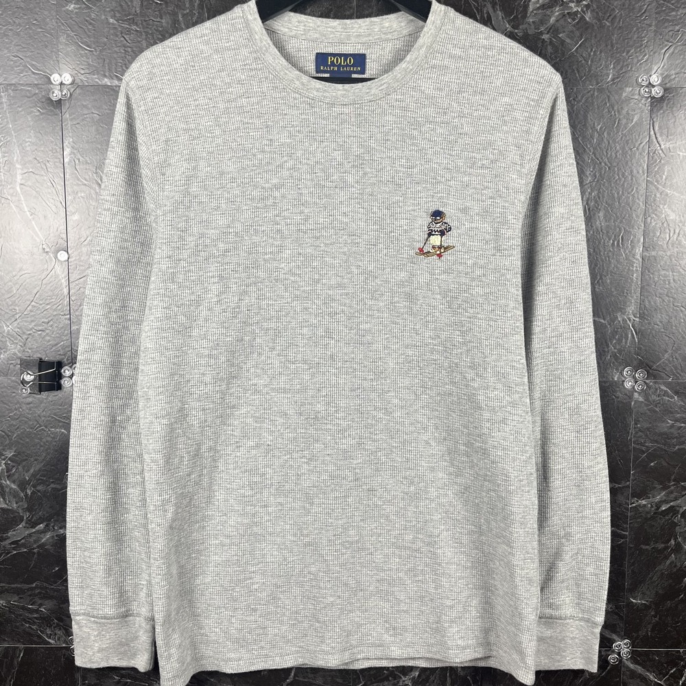 Polo Ralph Lauren Men's Grey Ski Polo Bear Waffle Thermal Sleeve Shirt Medium
